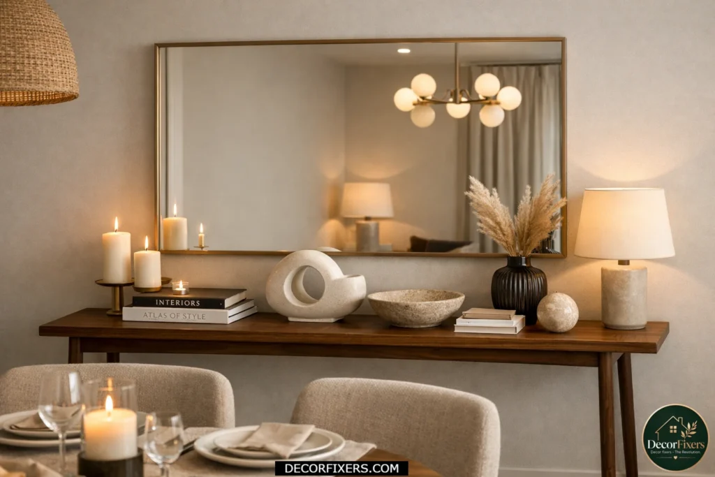 Compact dining room with a slim console table styled as a decorative serving surface.