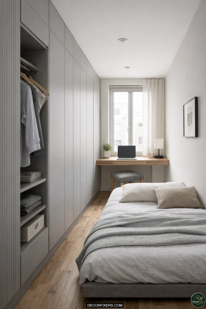 Slim shallow-depth wardrobe designed for a narrow modern bedroom.