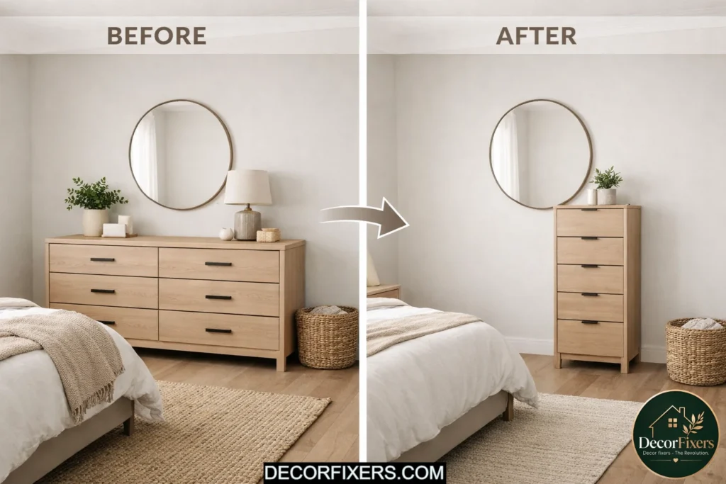 Slim bedroom furniture creating extra floor space in a small room