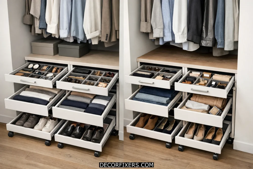 Slim rolling drawer unit beneath hanging clothes in a small closet.