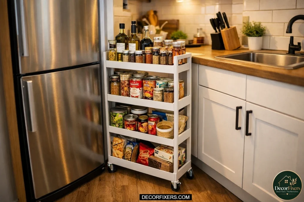 Slim three-tier rolling pantry cart fitted into the narrow gap between refrigerator and counter, stocked with oils, canned goods, spices, and snacks in a small apartment kitchen