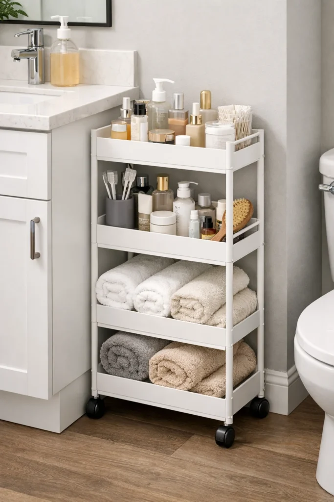 Slim sliding storage cart beside bathroom vanity