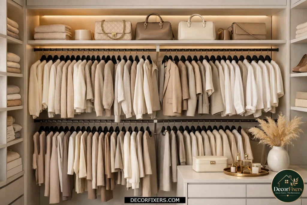 Organized bedroom closet using slim velvet hangers for space saving.