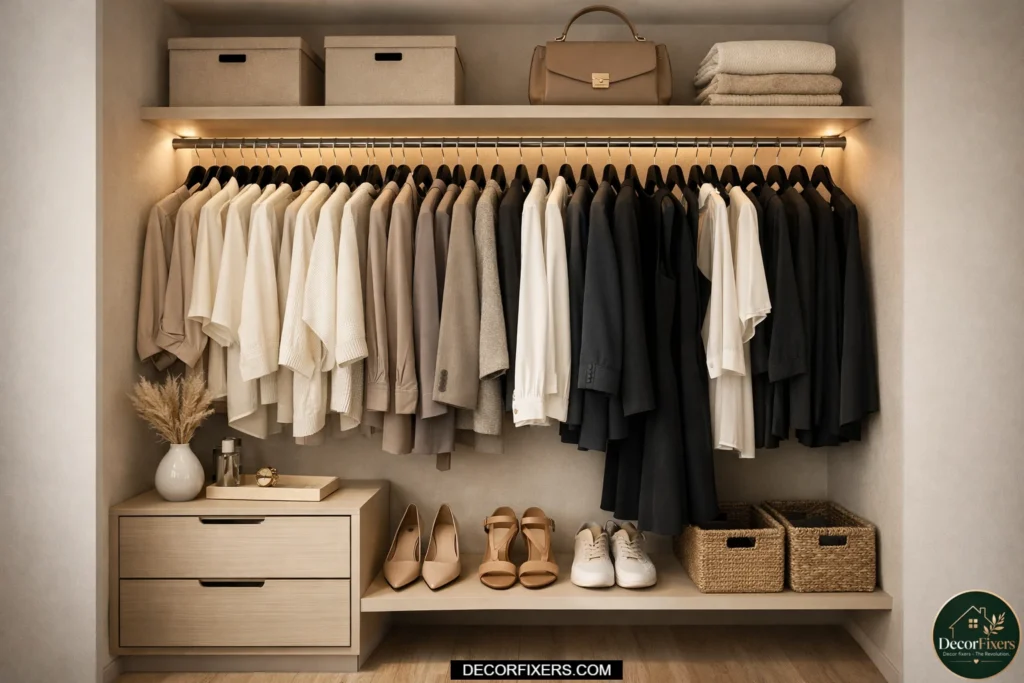 Small closet with uniform slim velvet hangers maximizing hanging space for a perfectly organized and clutter-free wardrobe in a minimalist apartment
