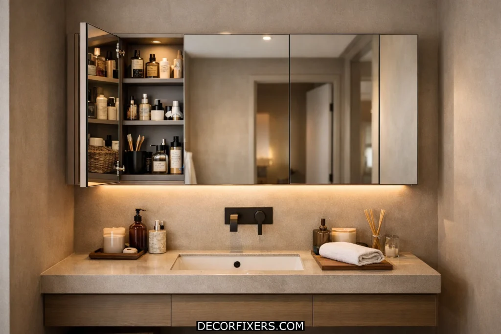 Slim mirrored wall cabinet above floating vanity providing hidden storage in modern small bathroom