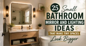Modern small bathroom with glowing backlit mirror, warm wall sconces, wooden floating vanity, and bold editorial text overlay about mirror and lighting ideas that make tiny bathrooms look bigger.