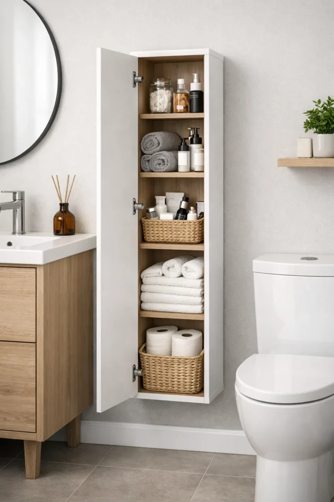 Slim wall-mounted bathroom storage cabinet for small spaces