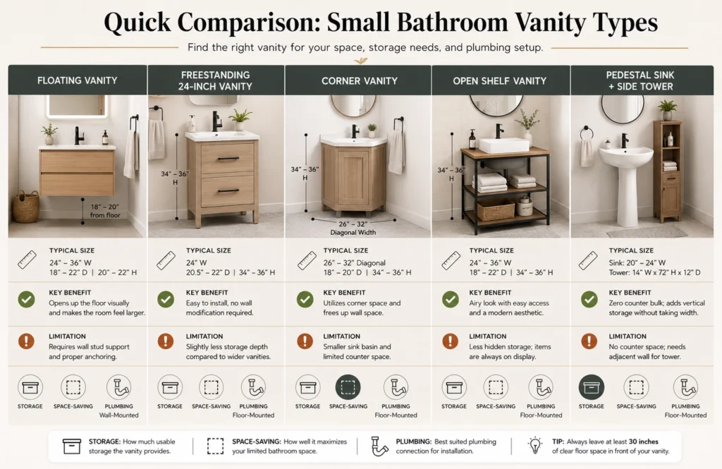 Comparison table of small bathroom vanity styles and space-saving benefits