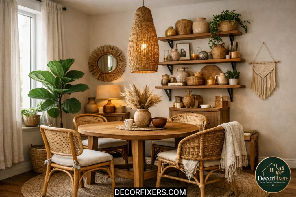 Small boho dining room with vertical decor and round table