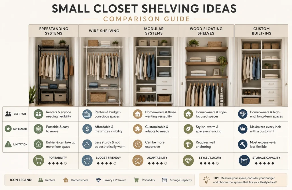 Comparison table infographic showing different small closet shelving systems including freestanding, wire, modular, wood, and built-in storage options.