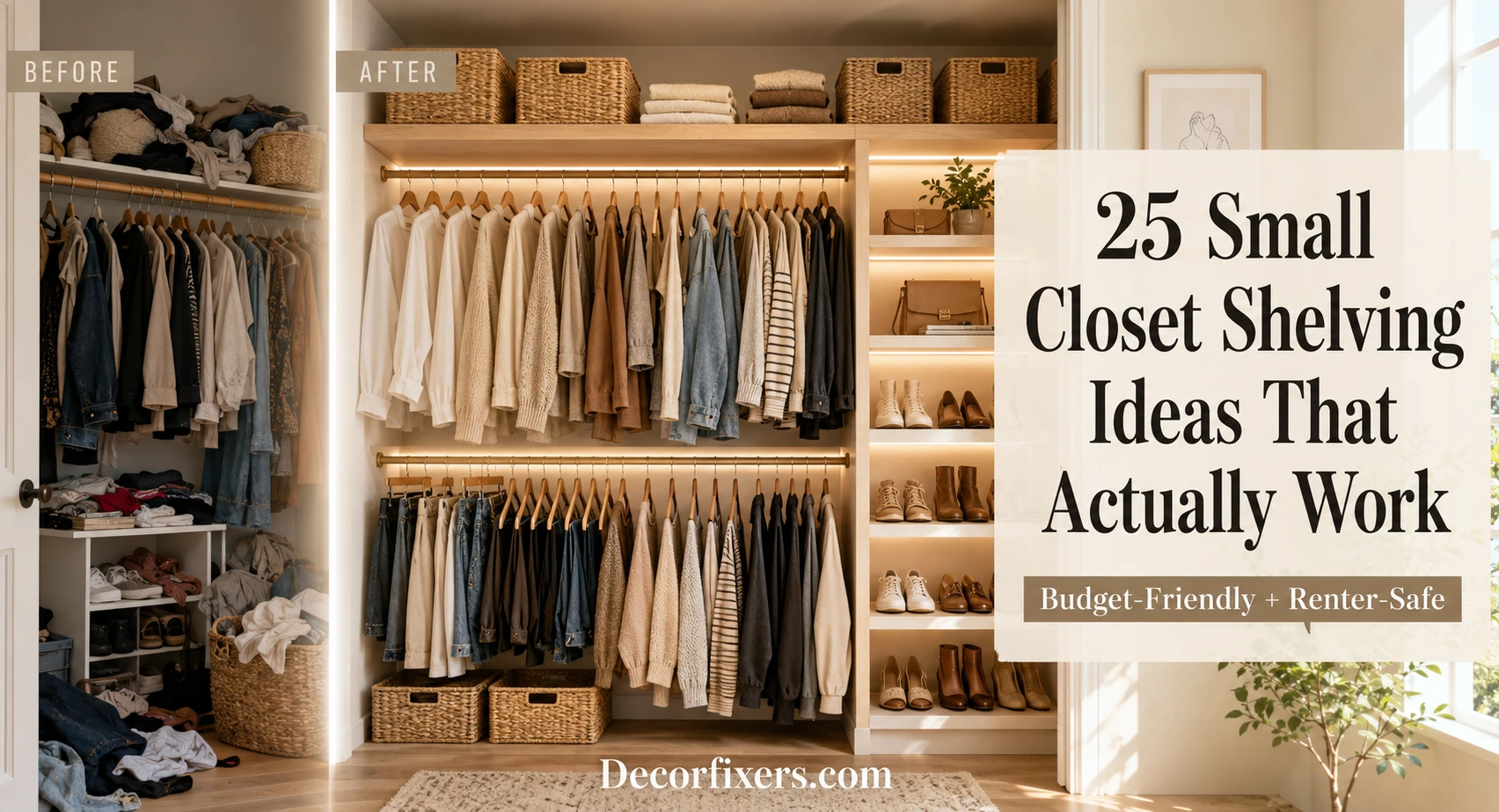 Modern featured image showing a small closet transformed with shelves, rods, bins, and organized storage solutions.