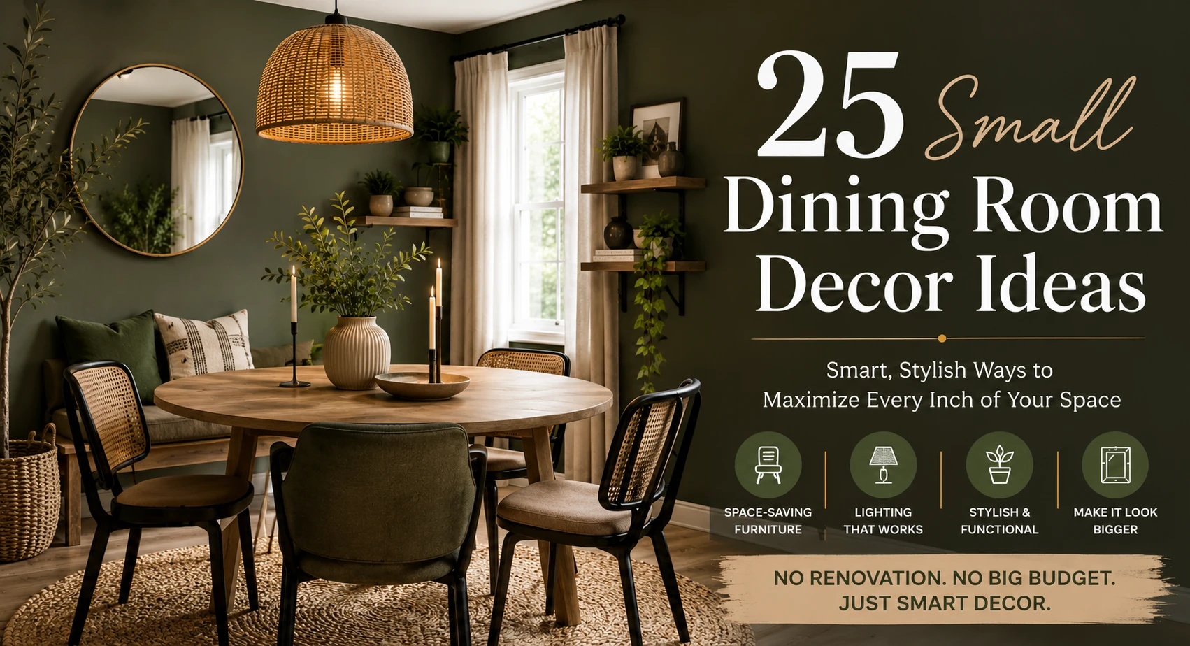 Hero banner image of a stylish small dining room with text overlay highlighting 25 small dining room decor ideas and space-saving design tips.