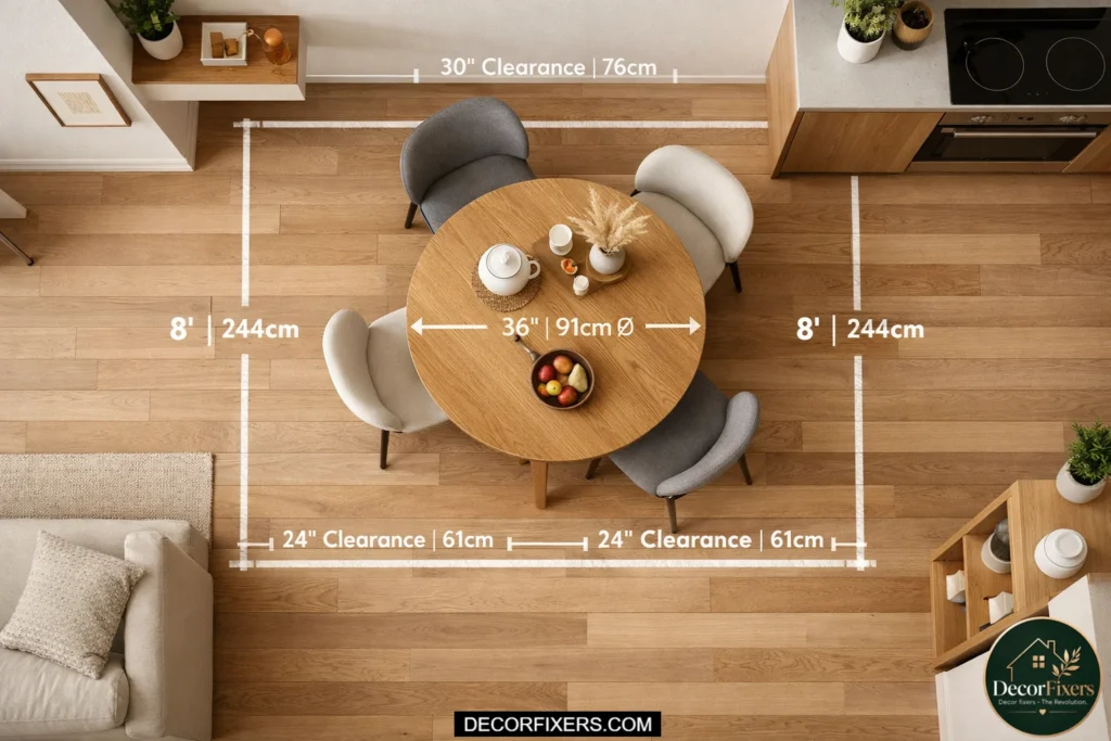 Properly scaled dining furniture layout in small apartment