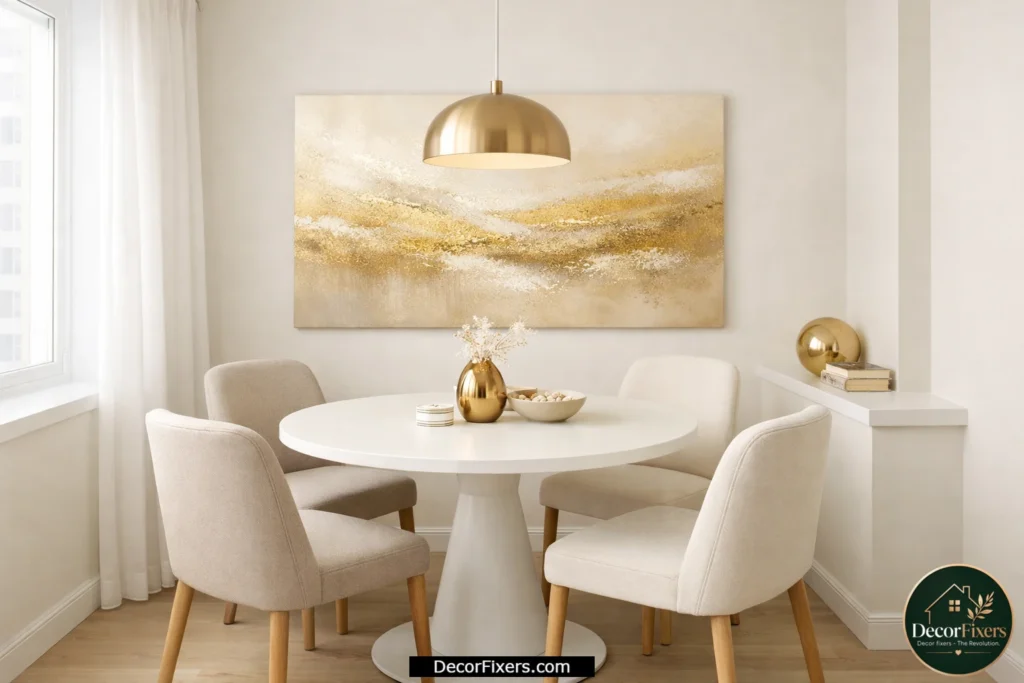 Gold abstract canvas making a small dining room feel larger and brighter