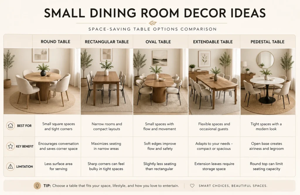Comparison table infographic showing different dining table types for small dining rooms with benefits and limitations.