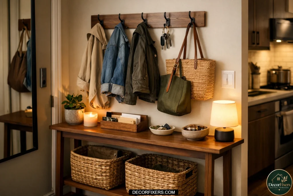 Slim console table in a tiny apartment entryway with storage baskets underneath and wall hooks above holding coats, bags, keys, and a mail tray