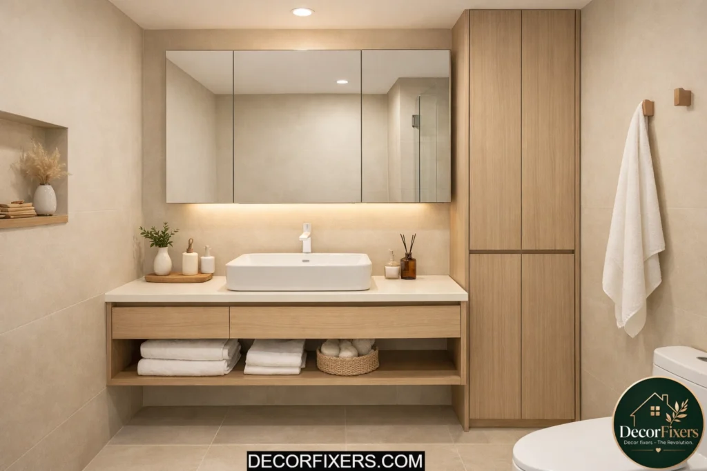 Small Japandi bathroom with floating vanity and minimalist storage solutions