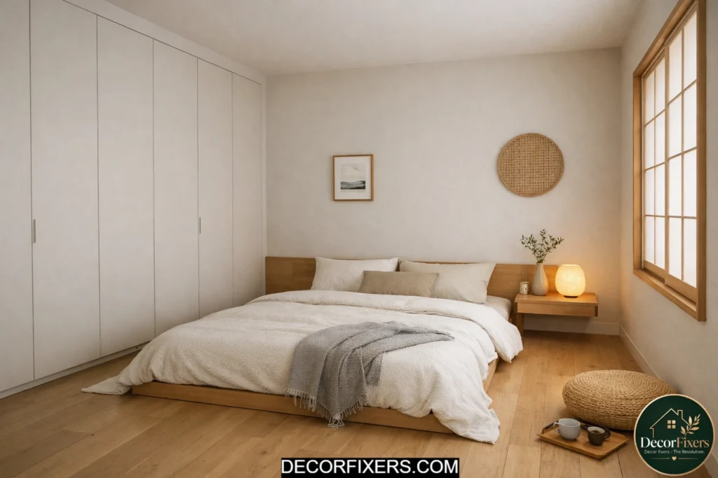 Small Japandi bedroom with integrated minimalist storage