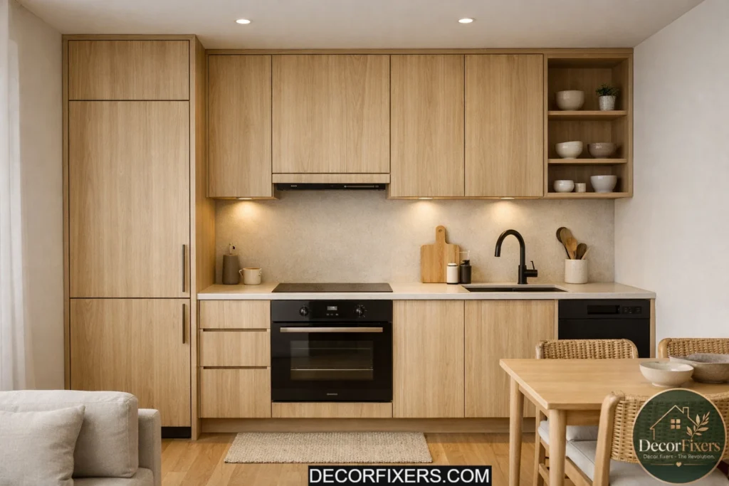 Compact Japandi kitchen with smart storage and minimalist oak cabinetry.
