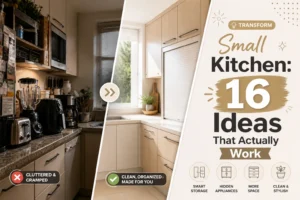 A small kitchen with cleared countertops showing 16 appliance storage ideas that actually work