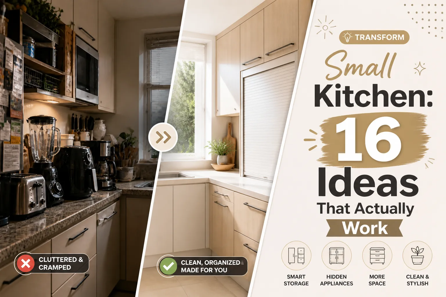 A small kitchen with cleared countertops showing 16 appliance storage ideas that actually work