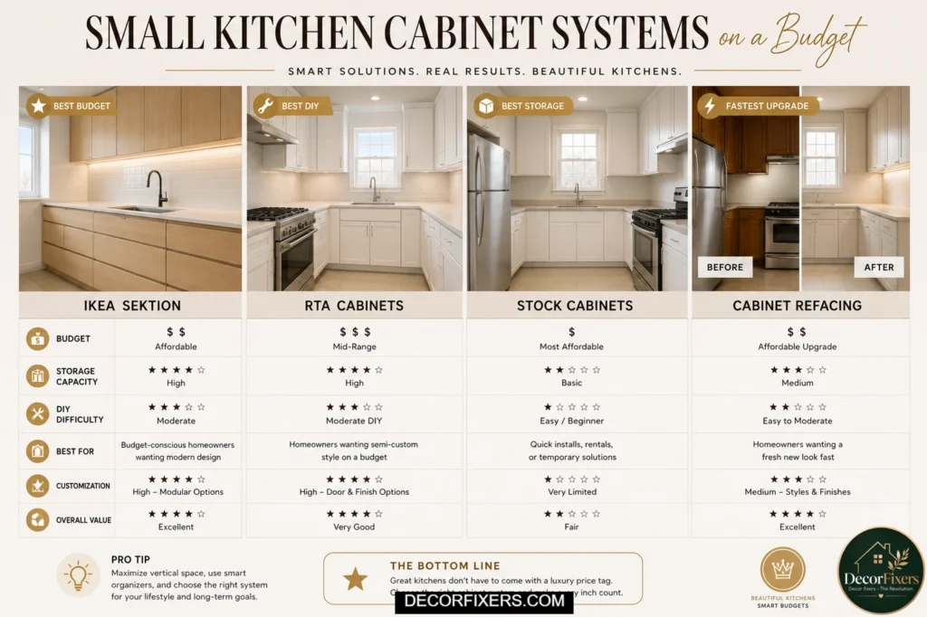 a comparison table of small kitchen cabinet designs
