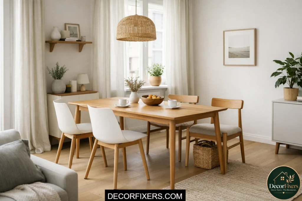 Small Scandinavian dining room with airy leggy furniture and minimalist styling