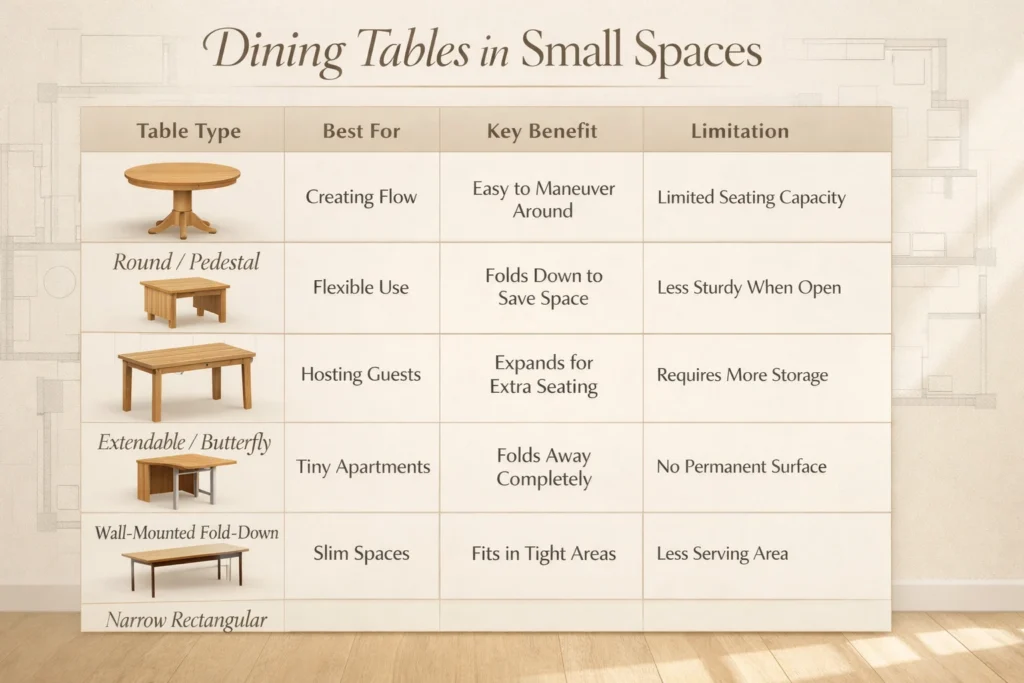Comparison chart showing the best dining table types for small spaces including round, drop-leaf, extendable, wall-mounted, and narrow tables.