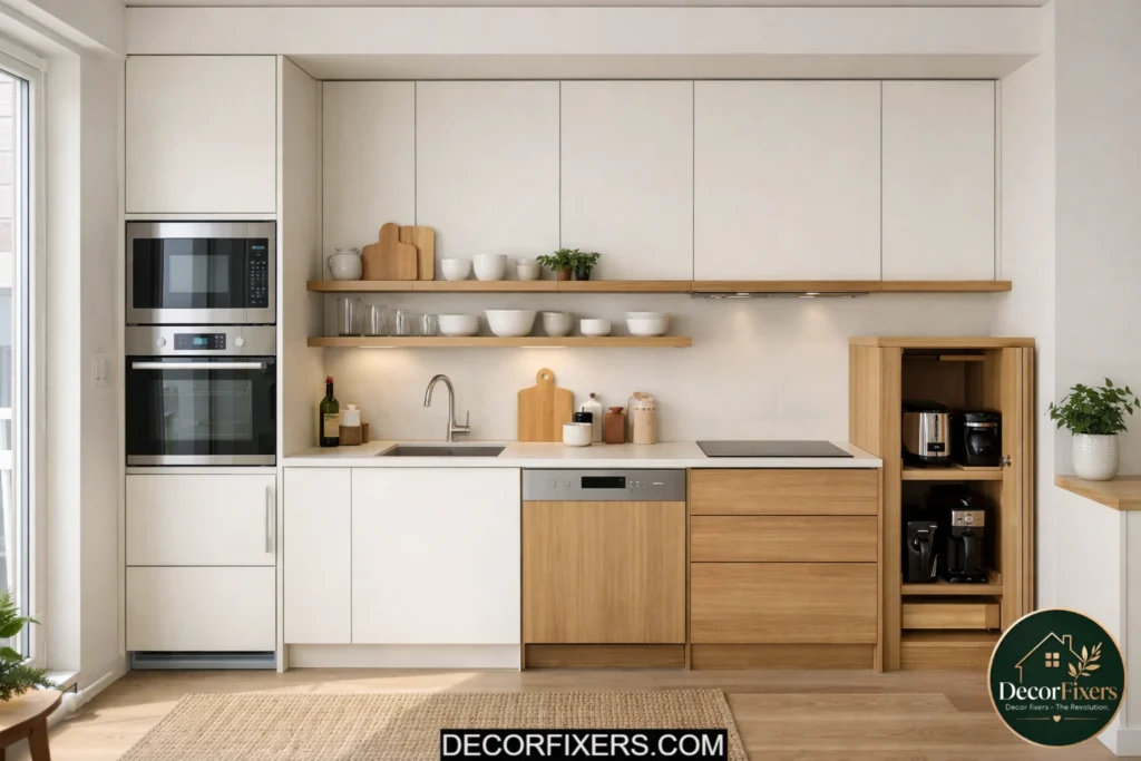 Small minimalist kitchen with ceiling-height cabinets and hidden storage