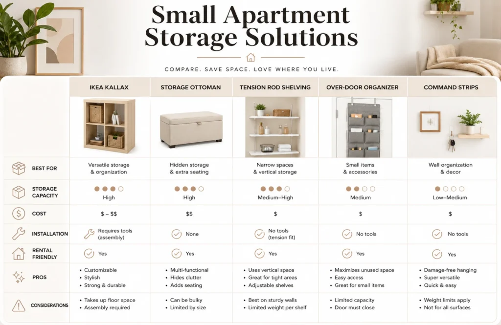 Comparison table infographic showing the best small space storage ideas for renters and apartments