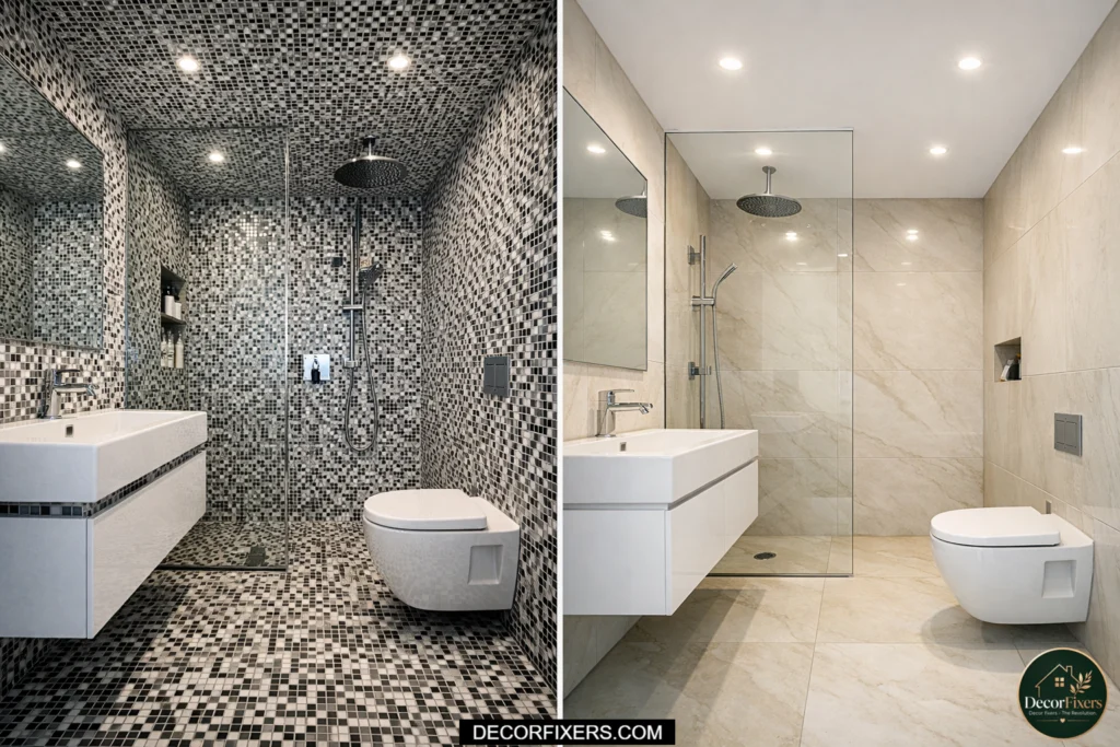 Bathroom with mismatched metal finishes compared to consistent matte black hardware design