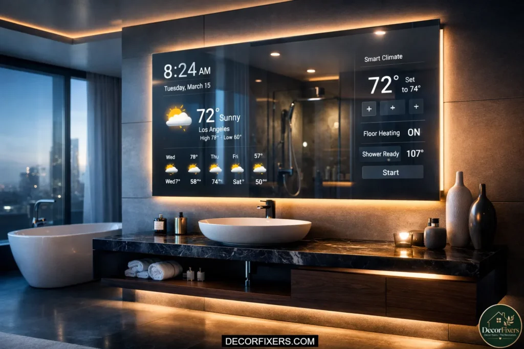 Smart bathroom mirror with built-in display and LED lighting