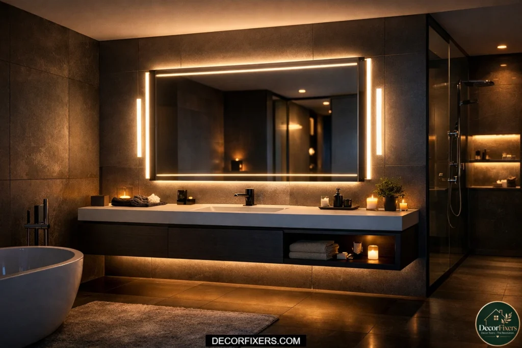 Smart dimmable vanity lighting in a sleek modern bathroom.