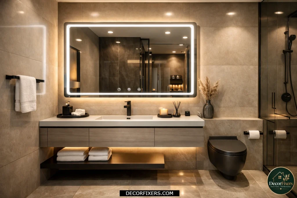 Modern smart bathroom mirror with anti-fog technology and touch dimming in a compact space.