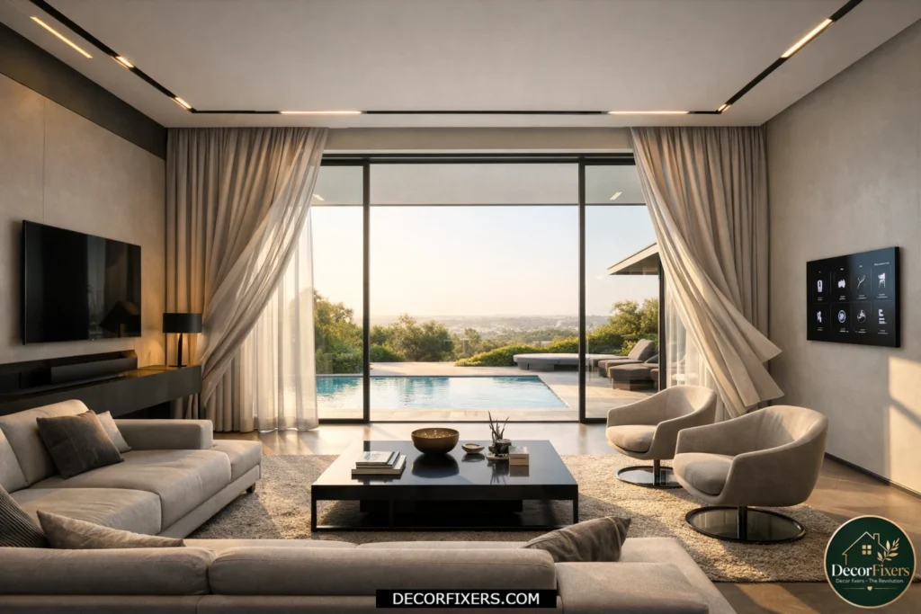 Smart motorized curtains in a futuristic luxury living room.