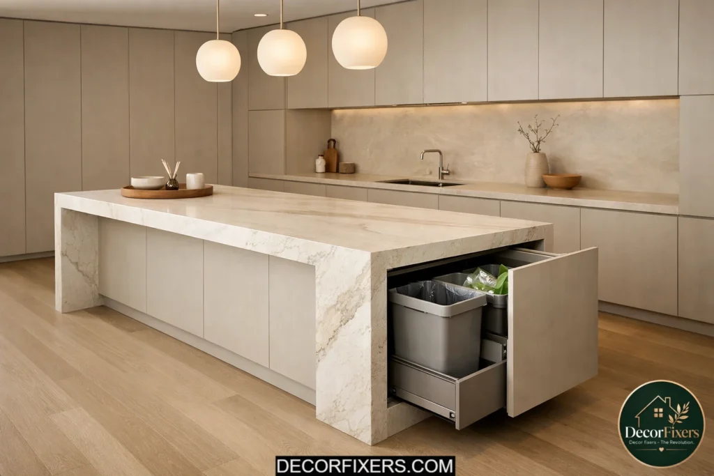 Minimalist kitchen island with hidden storage and waterfall stone design