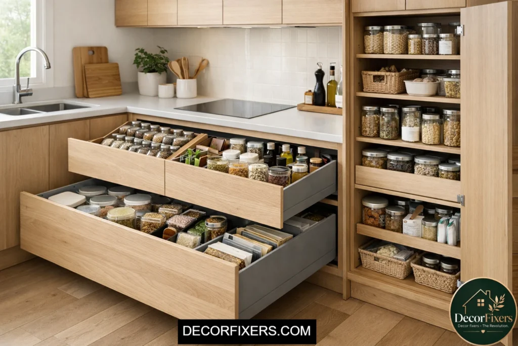 Hidden storage drawers in Scandinavian kitchen design