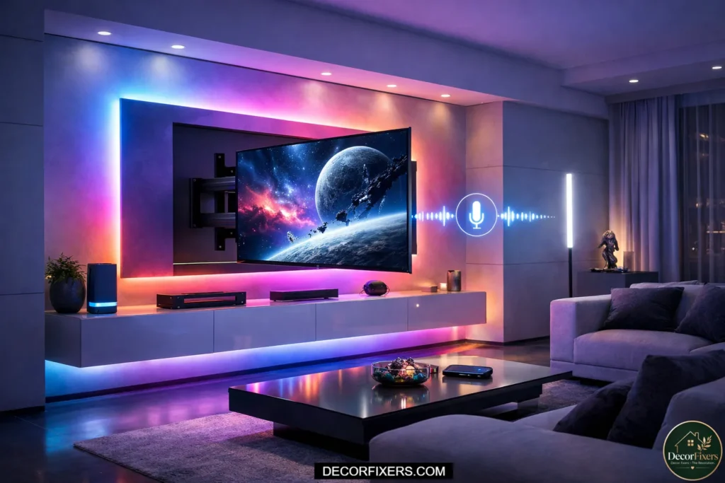 A smart living room TV wall with a motorized full-motion mount, recessed power outlet, and Govee RGBIC LED strips synced to a Google Home ecosystem creating dynamic ambient lighting scenes