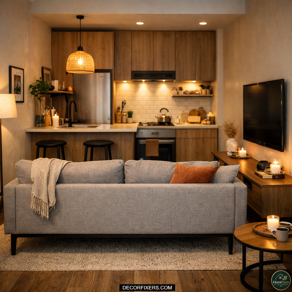 Using a sofa as a divider in a small open-plan kitchen