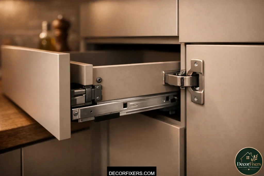 Soft-close hinges and dampers upgrading budget kitchen cabinets