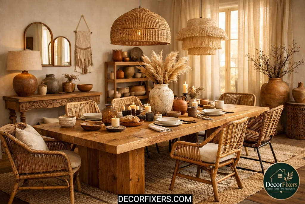 Solid wood boho dining table with rattan chairs and earthy neutral decor