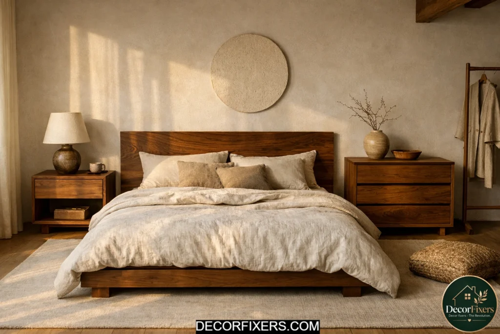 Solid oak and walnut Japandi bedroom furniture with visible wood texture