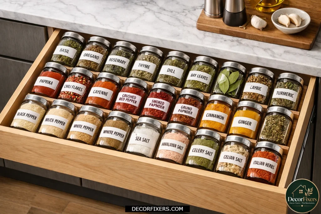 Organized spice drawer with labeled jars laid out for easy access.