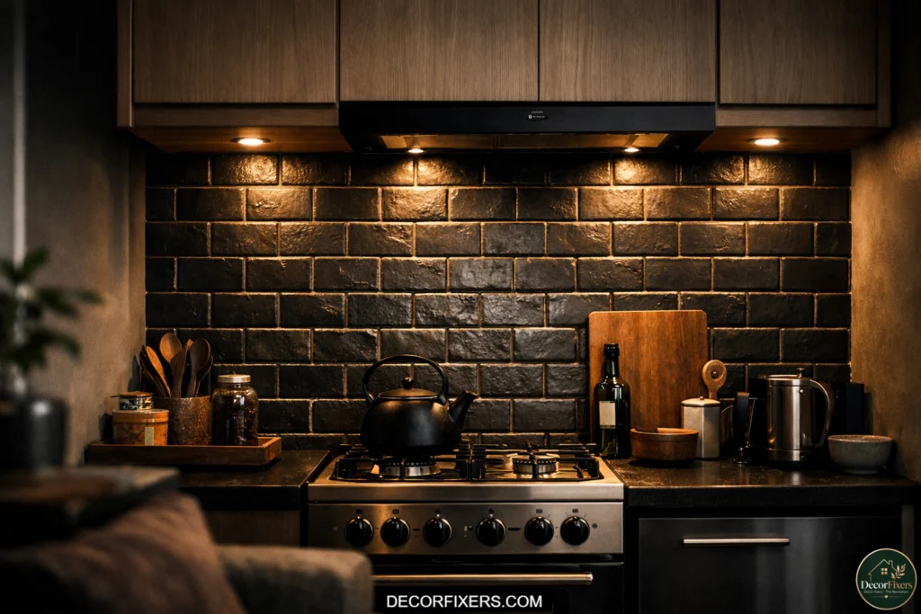 Textured splashback anchoring a small open-plan kitchen