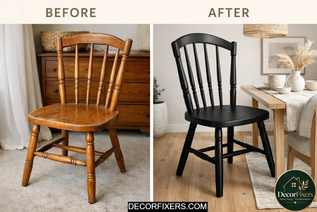 Old dining furniture transformed with matte black spray paint