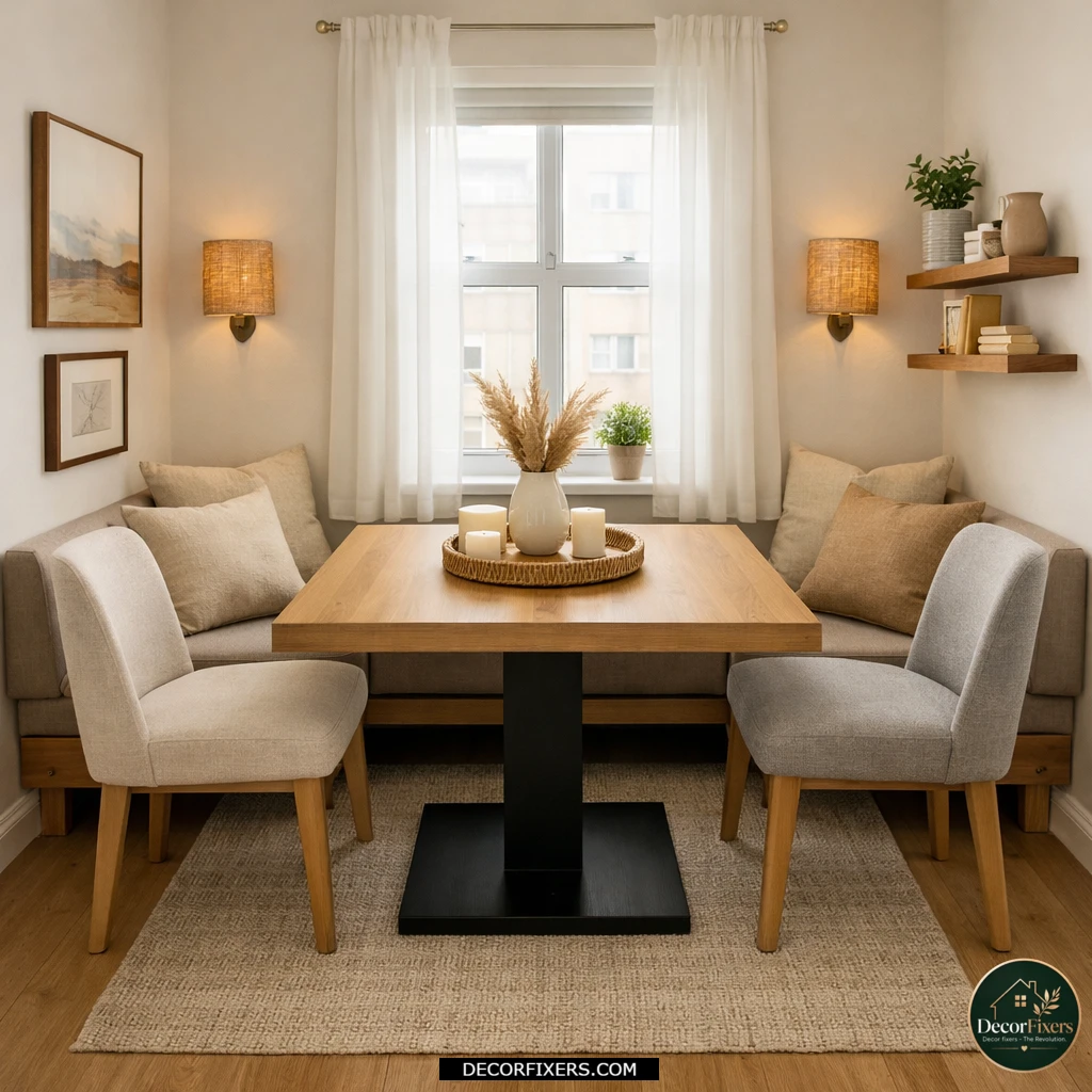 Square dining table perfectly fitted inside a compact square dining room.