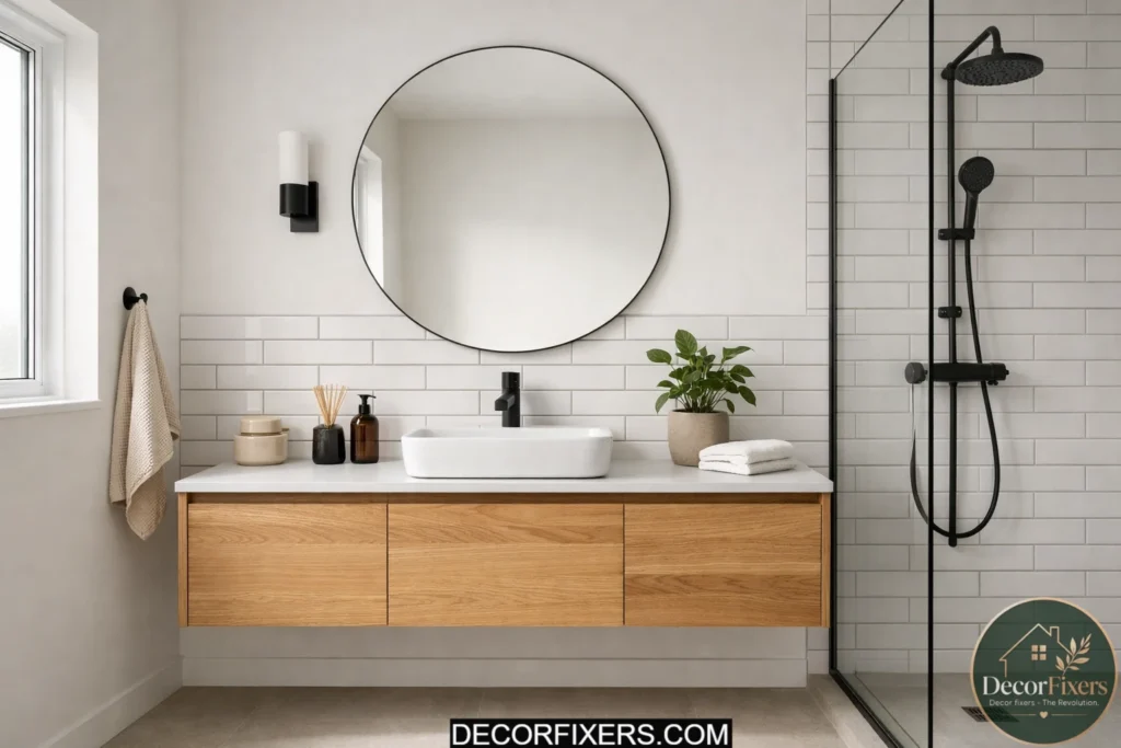 Scandinavian bathroom with square-edge sink and architectural fixtures.