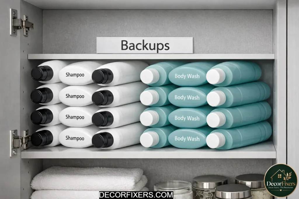 Backup bathroom products stacked flat inside cabinet for space saving