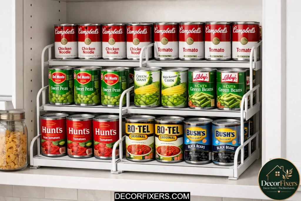 Tiered stackable can organizer keeping canned food visible inside kitchen cabinets