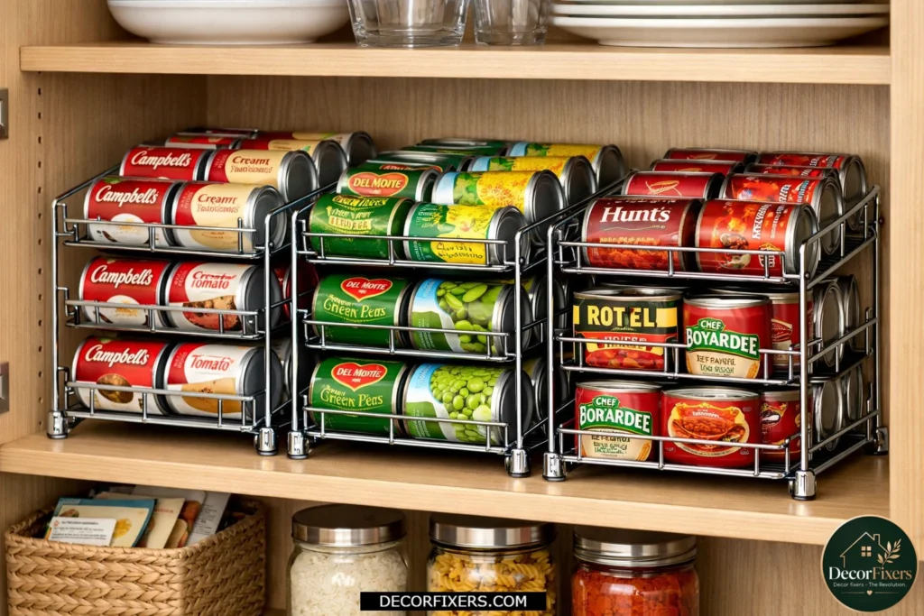 Stackable can organizer system arranging pantry cans in rotation order.